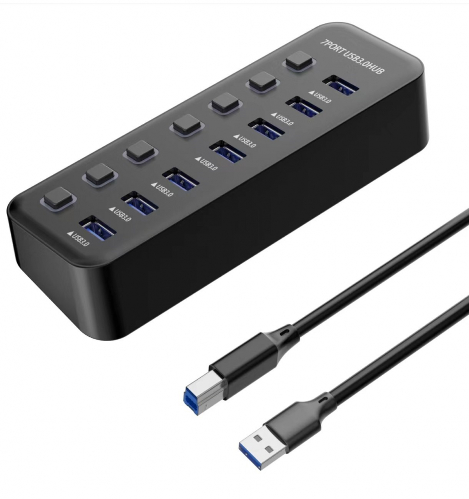 PREMIUMCORD Hub USB 3.2, 7-portový s vypínači portů, 5G SuperSpeed, Černá