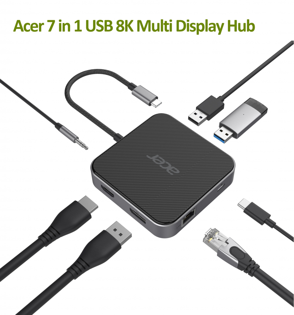 ACER  7in1 USB4 8K Multi Display hub: 1 x HDMI + 1 DP + 2 x USB3.2 + 1 x USB C + 1 x RJ45 + 1 x 3.5mm audio port