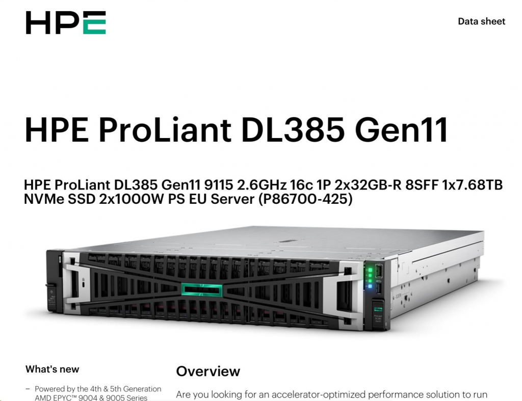 HPE PL DL385g11 AMD EPYC 9115 (2.6/16C) 2x32G (P64985) 1x7.68TB NVMe 2x1000W 8SFF 2p10GT Smart Choice