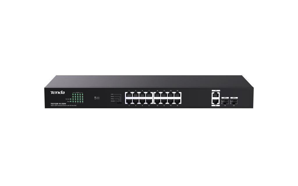 Tenda TEG1120P-16-250W (16xPoE 802.3af/at 10/100/1000Mbps, Uplink 2xRJ45 + 2xSFP) 230W