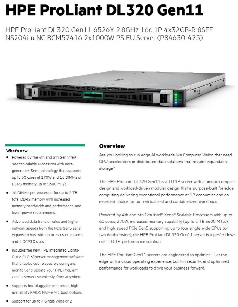 HPE PL DL320g11 6526Y (2.8/16C) 4x32G (p64706) 8SFF NS204(2x480Gm.2) 2x1000W 2p10GT 7F Smart Choice
