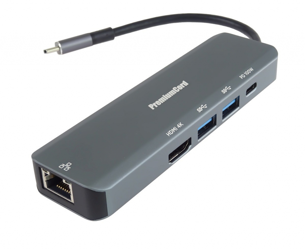 PREMIUMCORD Adaptér USB-C na Gigabit 10/100/1000Mbps + 1x HDMI,  2x USB3.2, 1x PD 100W konektor, Šedá