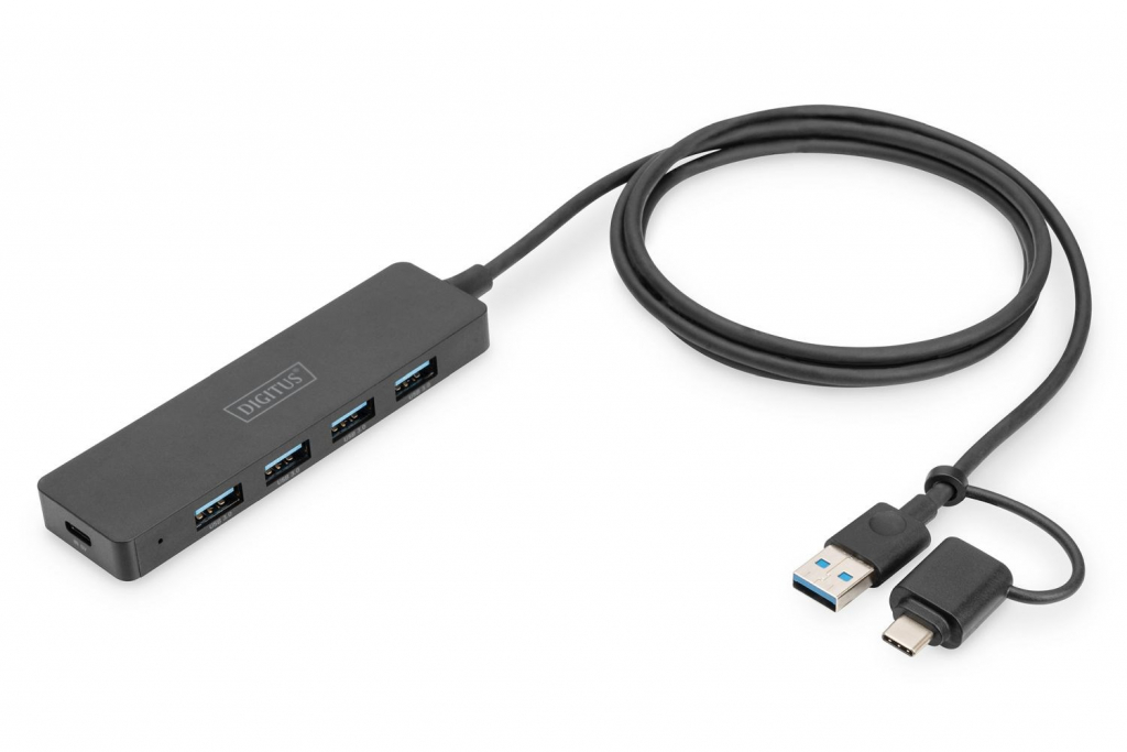 DIGITUS USB 3.0, Hub 4-Port, Slim Line with 120cm cable with USB-C adapterr