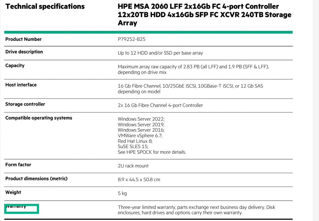 HPE MSA 2060 LFF 2x16Gb FC (4port Controller+4x16Gb SFP FC XCVR) 240TB (12x20TB/7.2k SATA) Storage Array Smart Choice
