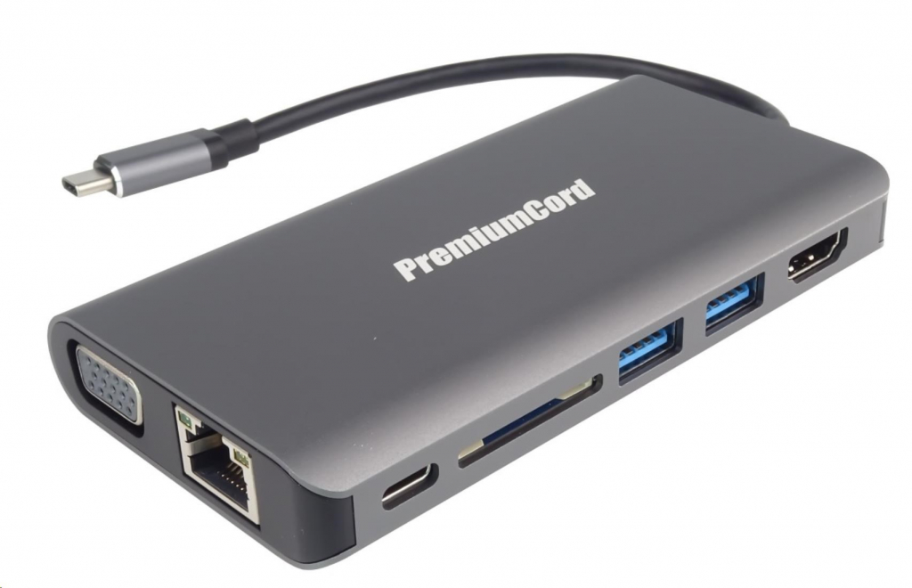 PREMIUMCORD Převodník USB3.1 typ C na HDMI+VGA+RJ45+2xUSB3.0+SD card +3,5mm+PD charge