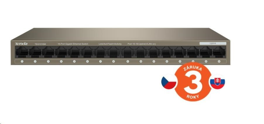 Tenda TEG1016M - 16-port Gigabit Ethernet Switch, 10/100/1000 Mbps, Fanless, Kov