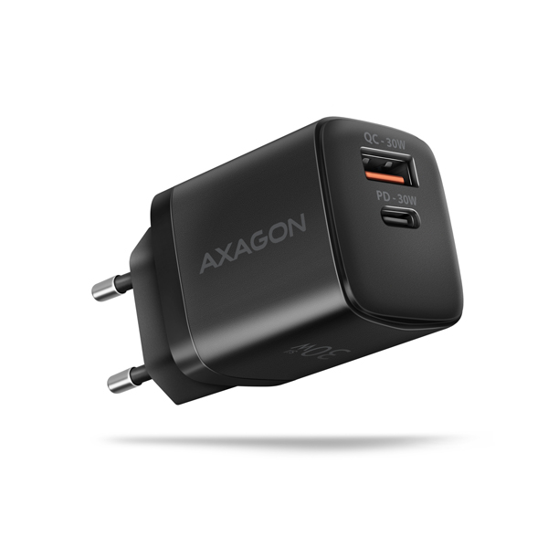AXAGON ACU-PQ30, Sil nabíječka do sítě 30W, 2x port (USB-A + USB-C), PD3.0/PPS/QC4+/SFC/AFC/Apple, černá