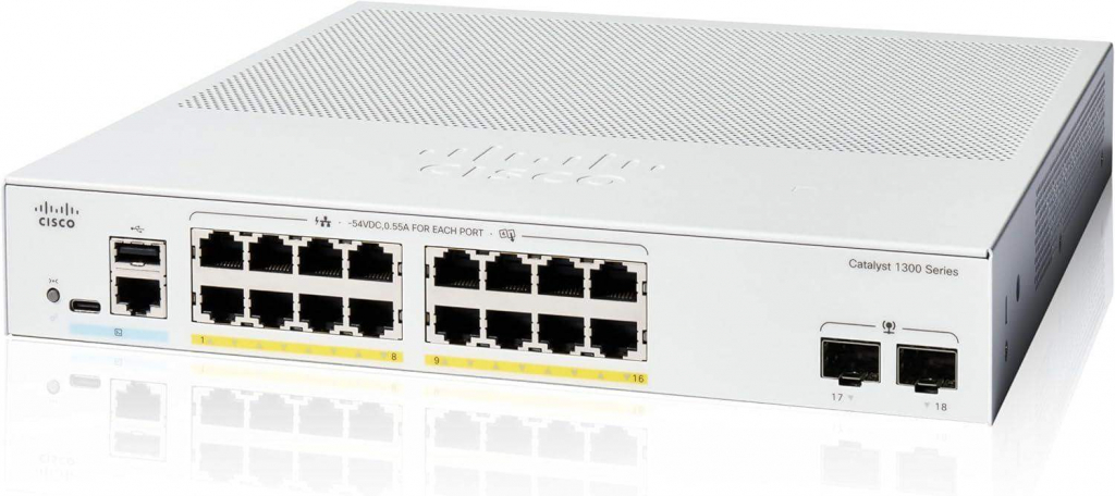 Cisco Catalyst switch C1300-16P-2G (16xGbE,2xSFP,16xPoE+,120W,fanless)