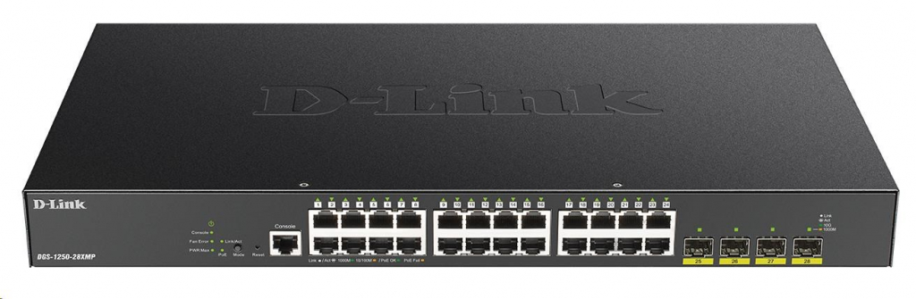 D-Link DGS-1250-28XMP 28-port Gigabit Smart PoE Switch, 24x GbE PoE+, 4x SFP+, PoE 370W