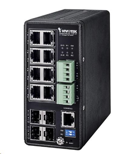 Vivotek AW-IHT-1271, Industriální switch 8xGbe POE (budget 240W, 802.3af/at) + 4x SFP, management L2+,