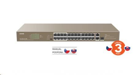 Tenda TEF1126P-24-410W - PoE AT Switch 370Watt, 24xRJ45 10/100 Mbps PoE, 2x Gigabit Uplink RJ45/SFP, Fanless, Kov