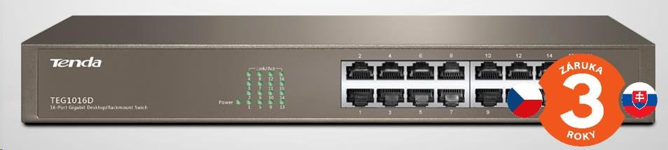 Tenda TEG1016D 16-port Gigabit Ethernet Switch, 10/100/1000 Mbps, fanless, rackmount